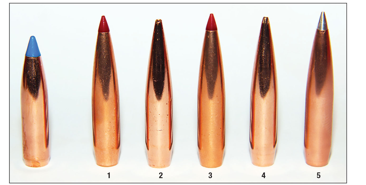 Newer long-for-caliber .257-caliber bullets shot from the Horizon Vandal Prime included: (1) Hornady’s 128-grain ELD-X, (2) Berger’s 133-grain Elite Hunter, (3) Hornady’s 134-grain ELD Match, (4) Berger’s 135-grain Long Range Hybrid Target and (5) Hornady’s 138-grain A-Tip Match. Nosler’s 115-grain  Ballistic Tip Hunting (far left) is included for comparison